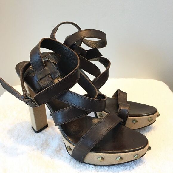 Sergio Rossi Womens Block Heel Platform Strappy Sandals Brown Leather Size 38.5 - Picture 1 of 7